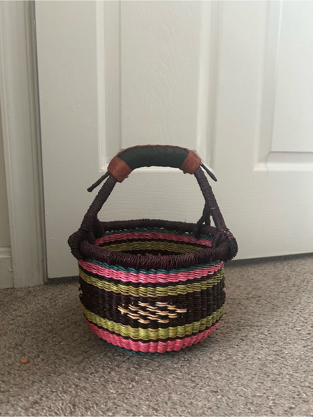 Handwoven Multicolor Brown Woven Market Basket with Handle